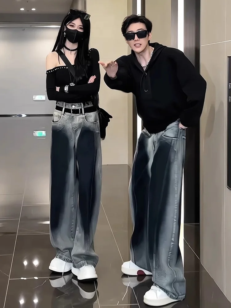 

Retro American adient Knife Jeans Men Women Spring Autumn Wide Leg Straight Cut Casual Trousers Faionable Brand