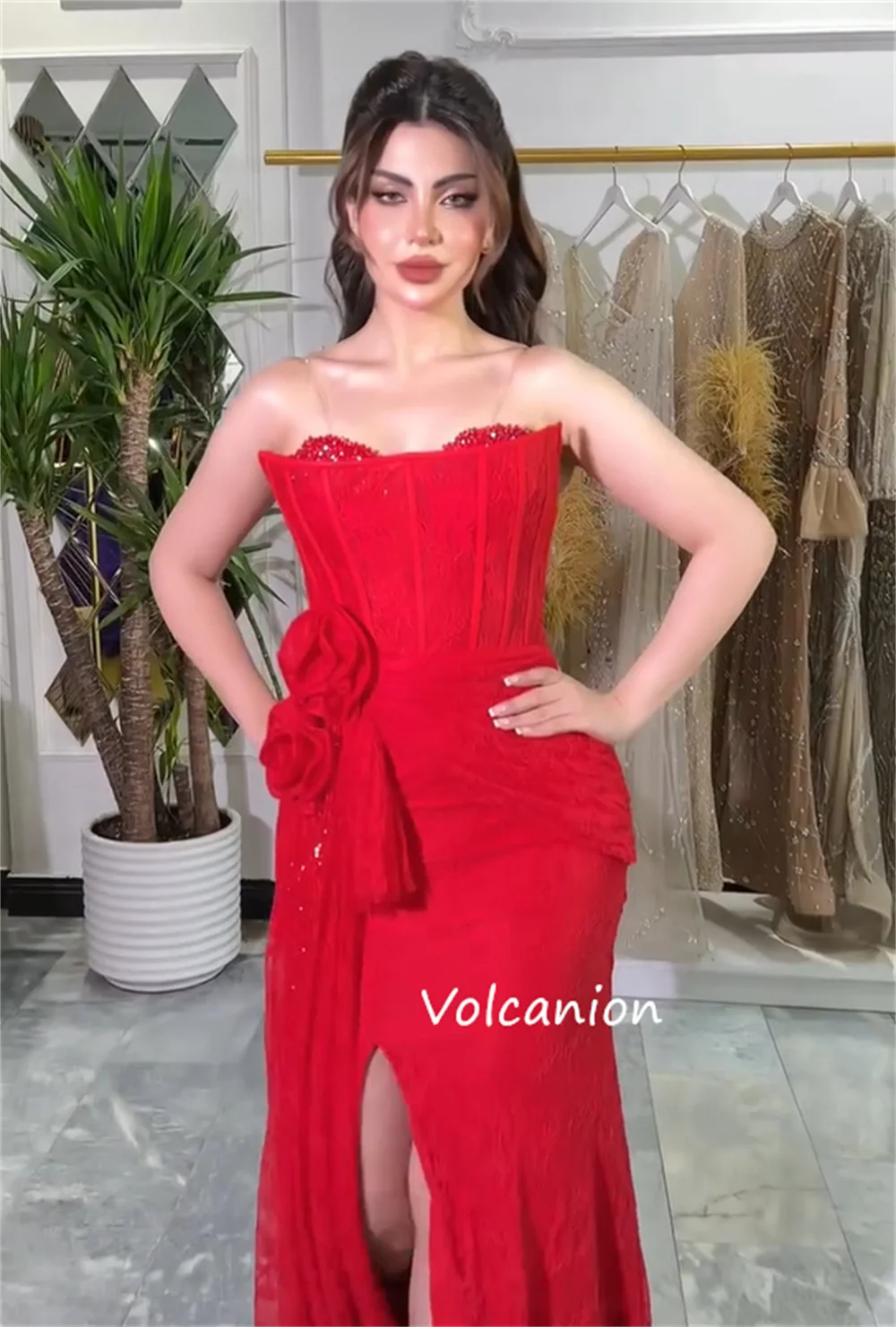 Personalizado de alta qualidade jérsei renda plissado flor trompete sem alças vestidos longos sob medida ocasião brilho