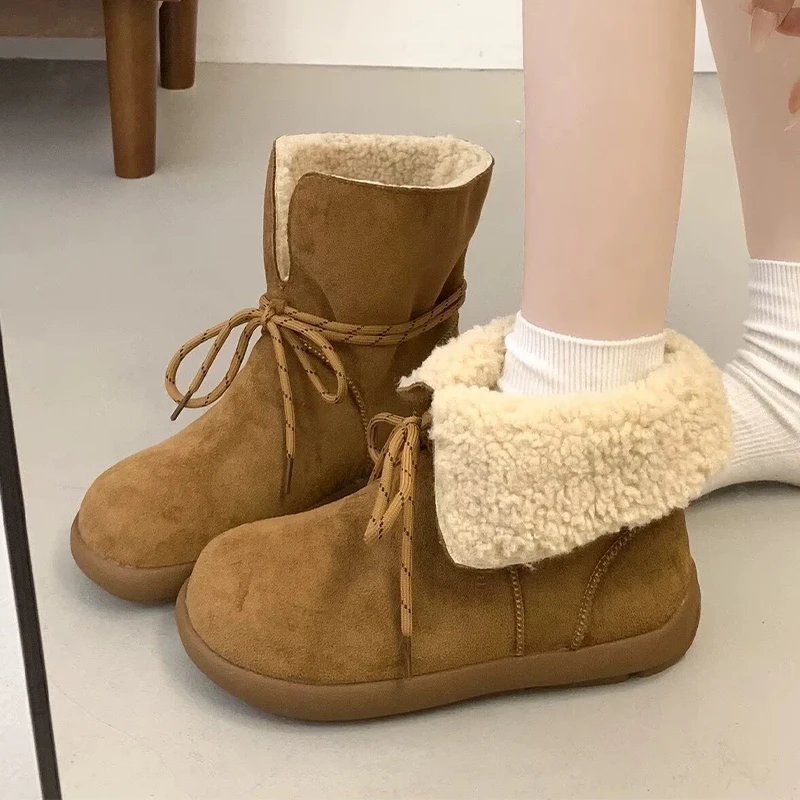 الفراء المرأة أحذية الثلوج الشقق الجلد المدبوغ أحذية دافئة 2025 موضة جديدة أحذية قطنية ماركة الراحة الشتاء قصيرة أفخم الرياضة Mujer بوتاس #1