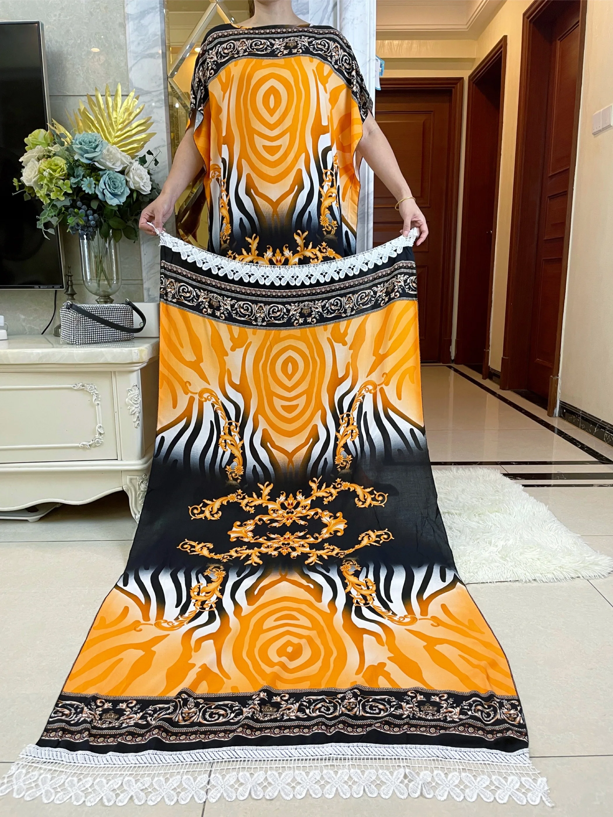 New Muslim Dress With Big Scarf For Women 2023 Dubai Ramadan Payer Clothes Floral Applique Printing Cotton African Dresses