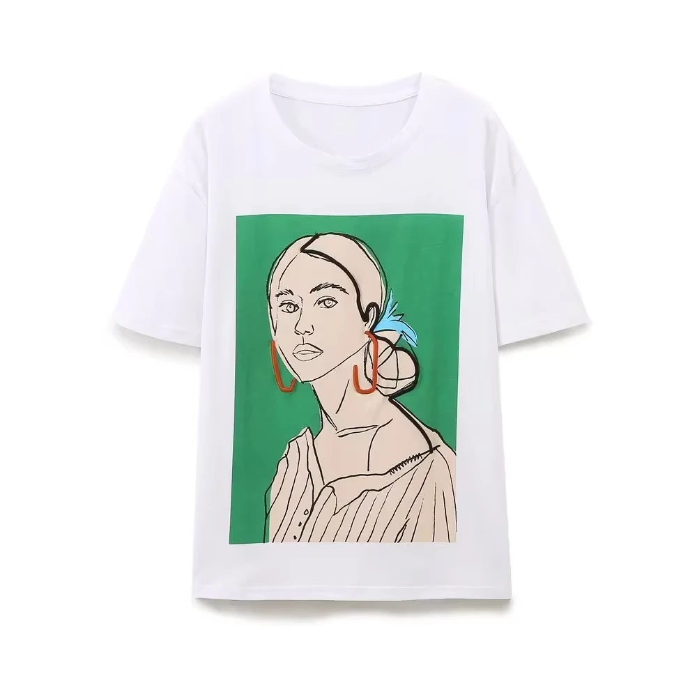 

PB&ZA 2025 Autumn New Product Women's Casual Cotton Front Color Contrast Girl Printed Short Sleeve T-shirt