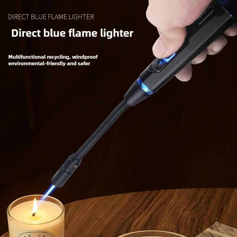 New 720° Seamless Steel Hose Windproof Jet Blue Flame Butane Gas Lighter Visible Gas Window Outdoor BBQ Kitchen Cigar Lighter
