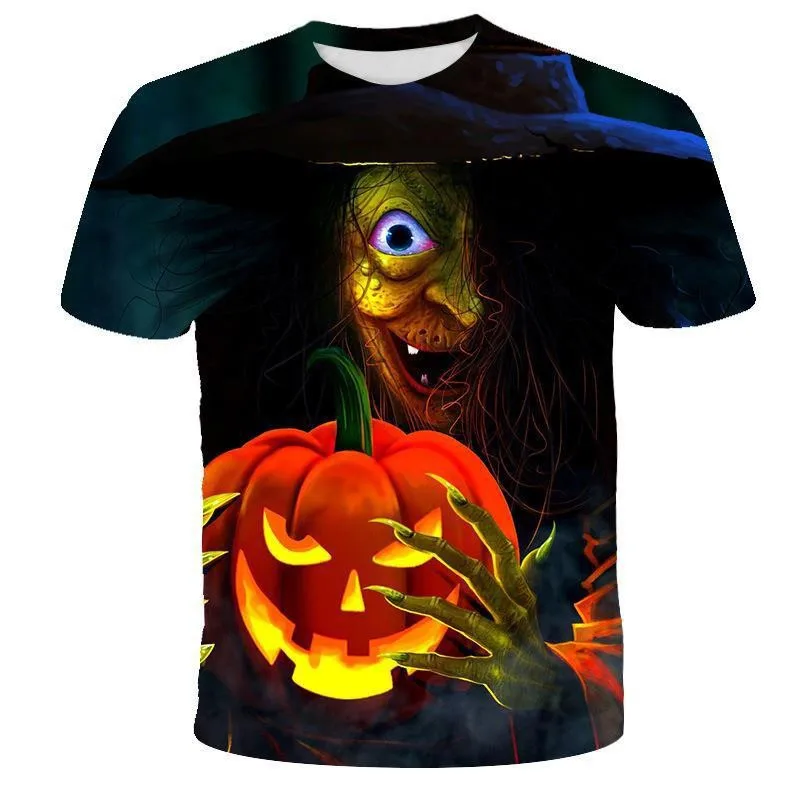 Halloween Scary Witch Magic Pattern Short Sleeve T‑Shirt, Family Matching Casual Crew Neck Tee