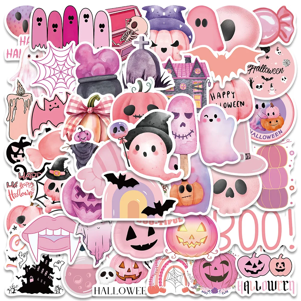 50pcs Pink Kawaii Halloween Stickers Cartoon Cute Horrible Decals For Kids Water Bottle Laptop Luggage Skateboard Wall Stickers