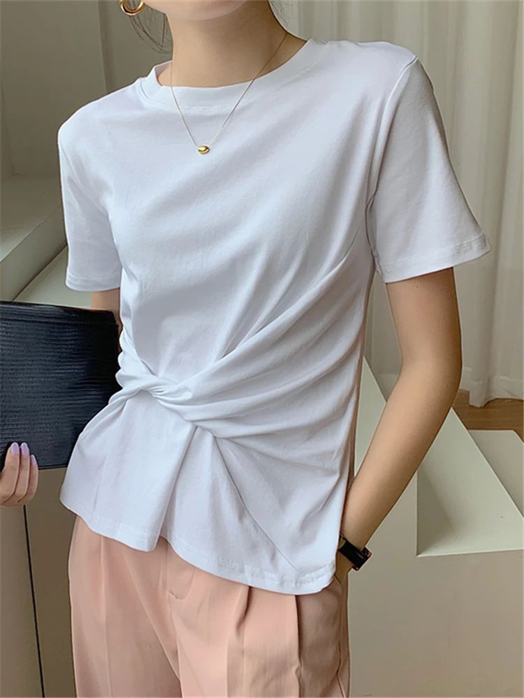 

2022 New Summer Cotton White Women's T-Shirts Irregular Short Sleeve O-Neck Bottoming Minimalist Shirts Chic Tops Female