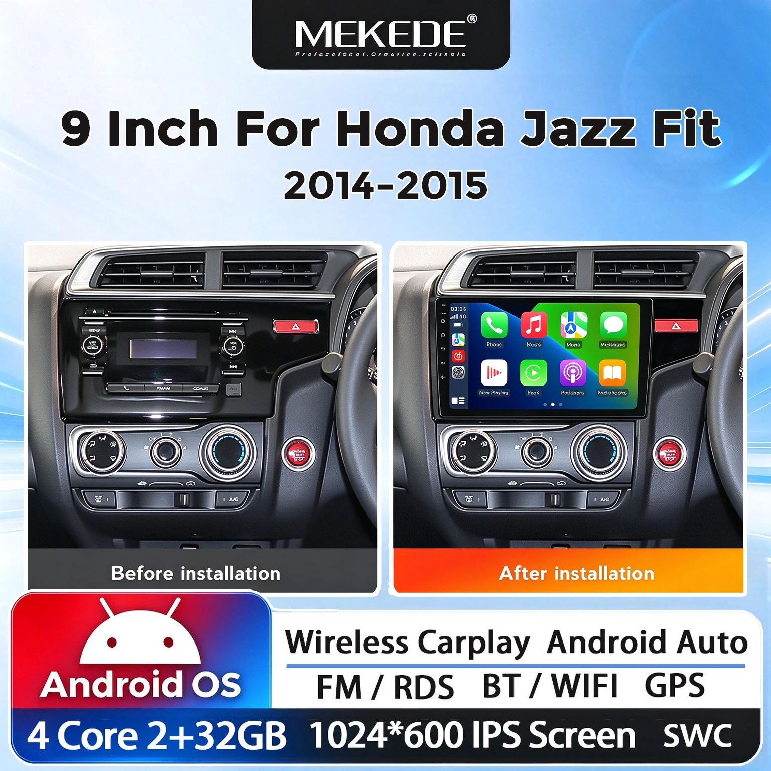 Android Car Radio For Honda Jazz Fit 2014-2015 Wireless CarPlay Android Auto GPS Navigation Multimedia Player Autoradio FM WIFI