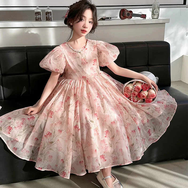 Girl 2025 New Short sleeved Birthday Princess Dress Flower Color Festival Party Dress Face Book Recommendation