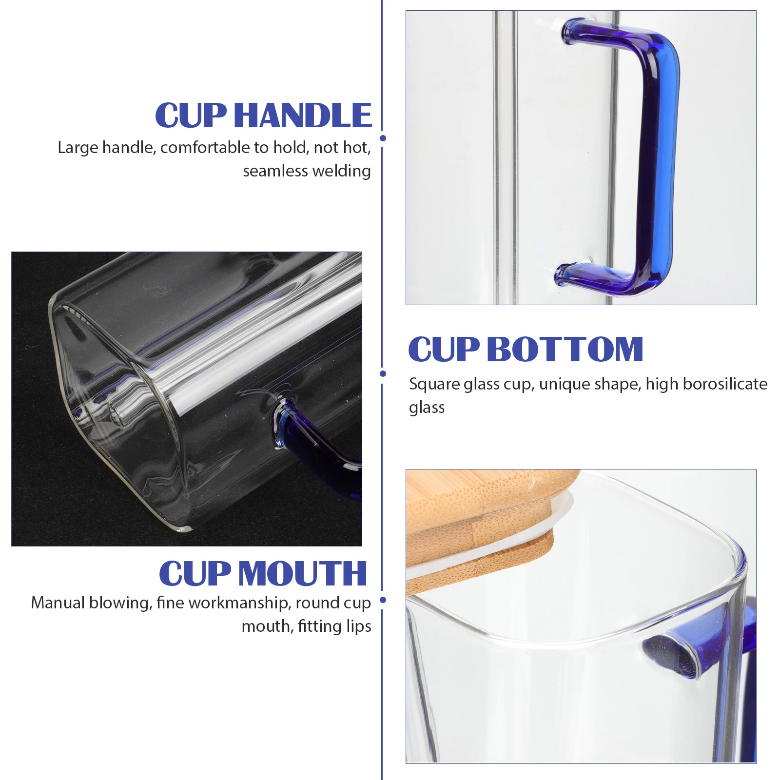 

Square Mouth Cup 400ML Blue Handle Bamboo Lid Straw Heat Resistant Clear Drinking Glass Juice Milk Water Beverages Glass Mug