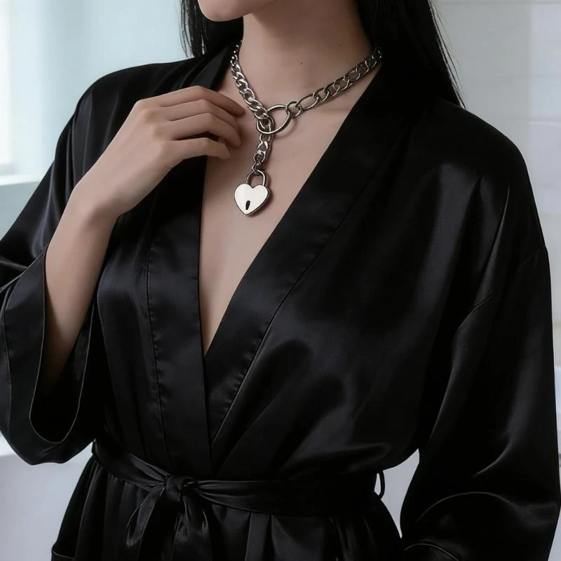 3XUA Pack of 2 Stainless Steel Heart Lock and Necklace Punk Rock Inspired Cuban Long Chain for Fashion Layering Outfit