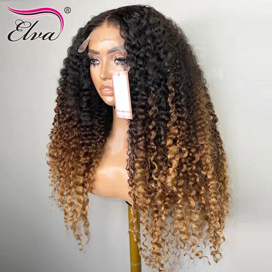 Elva Hair Ombre Color Curly Wigs 13x6 HD Lace Frontal Wig Glueless Pre Plucked HD Lace Front Wig 5x5/6x6/7x7 HD Lace Closure Wig