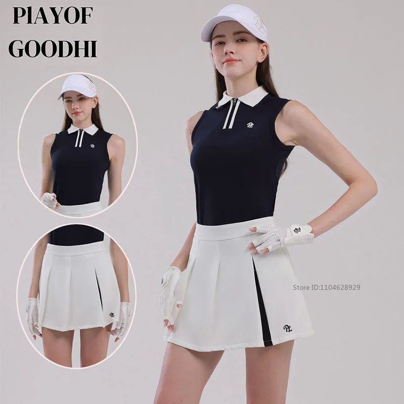 

PL New Golf Apparel Tennis Women Summer Sleeveless Shirt Pleated Short Skirt Zipper Collar Sports Tank Tops A-lined Golf Skirt