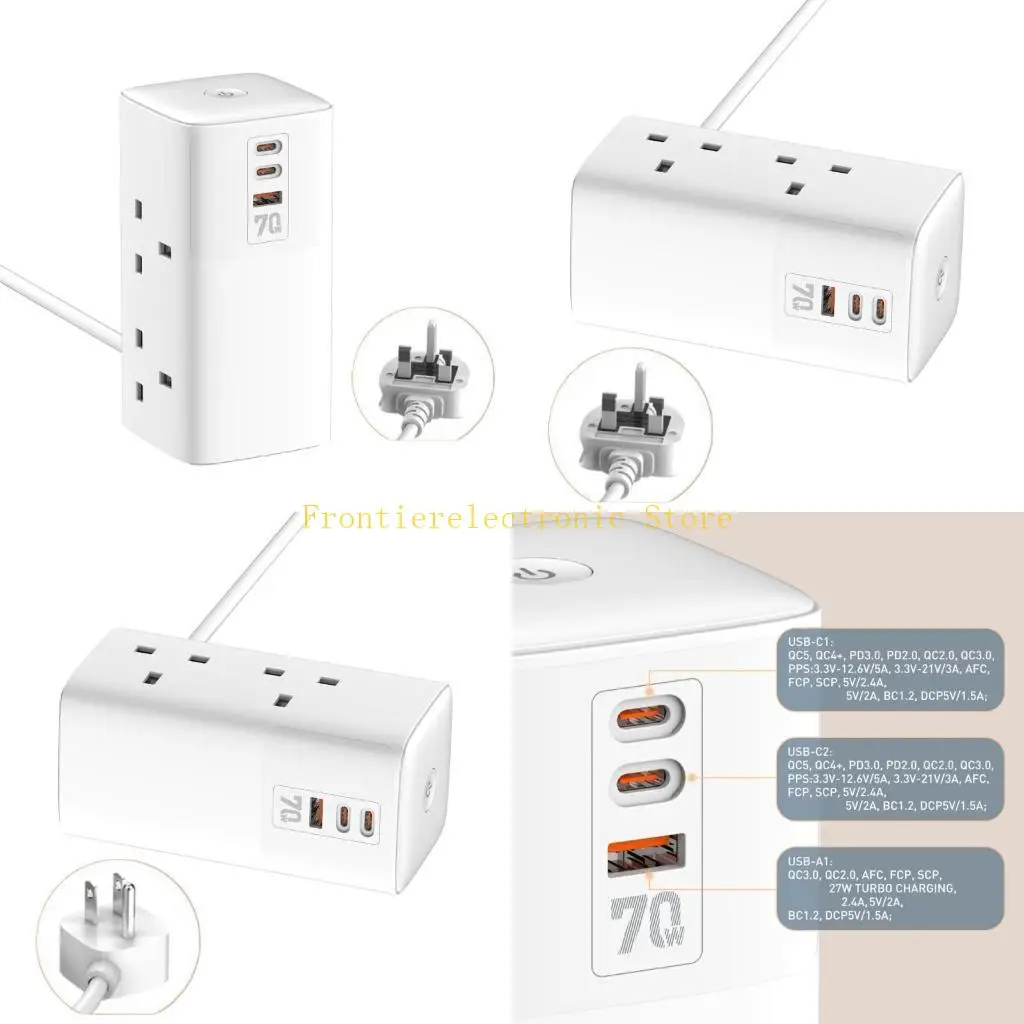 

G8DB 70W Surges Protections Power Strips Tower 2 Outlets 3 USB Port Flat Plug Extension Cord for Home and Office