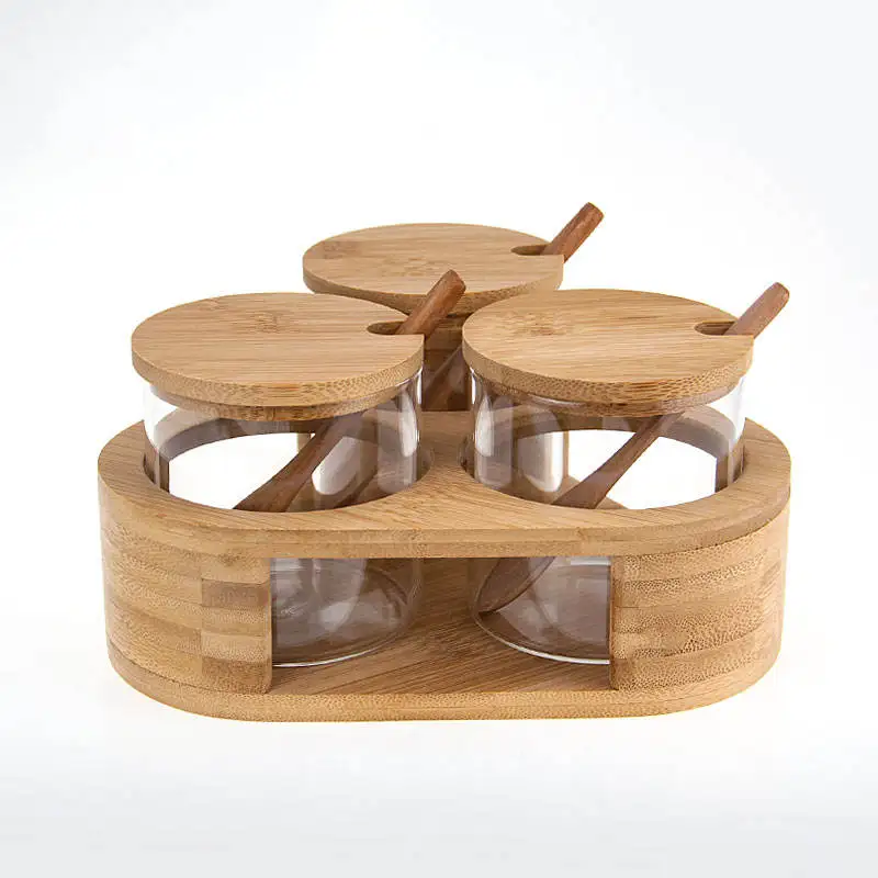 

Glass Storage Jar Airtight Food Canisters Set of 3 Container With Bamboo Lid Wooden Shelf