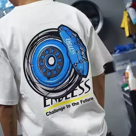 Men's JDM Racing Brake Caliper Back Print T Shirt Casual Short Sleeve White Tee Car Enthusiast Streetwear Fashion Top