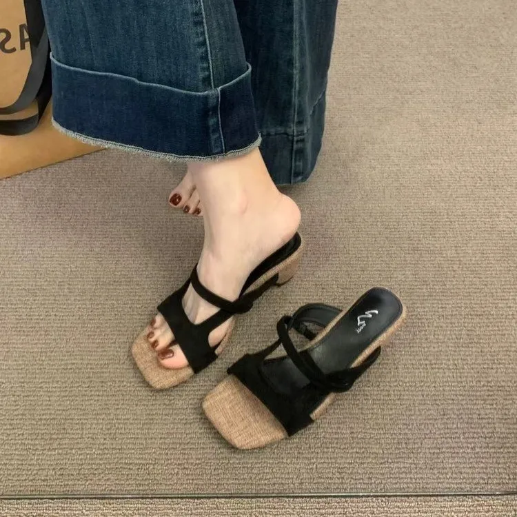 Women's 2026 New Solid Color Velvet Skin-friendly and Comfortable Open-toed Slippers Summer Square Toe Retro Elegant Slippers