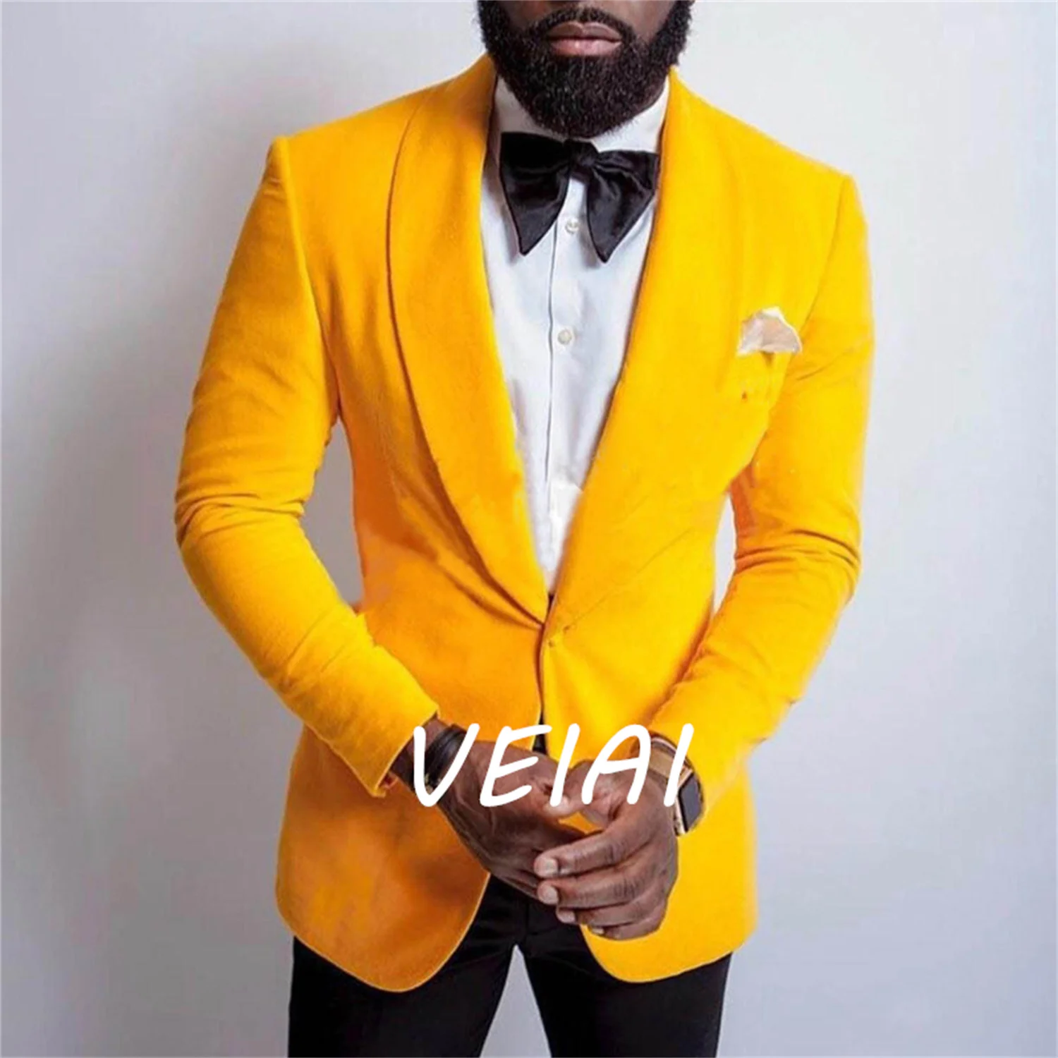 

CustomizedMen's Suit for Wedding Yellow Velvet 2 Pcs (Blazer+Pants) Spring Shawl Single Breasted Formal Slim Fit Costume Ho