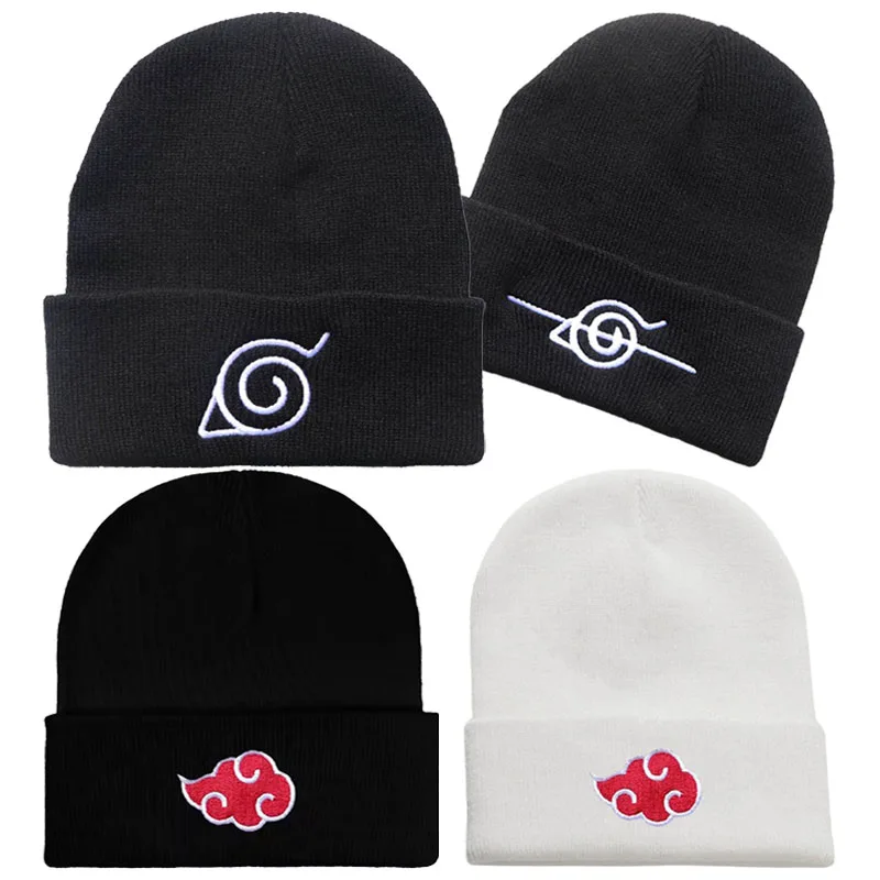 

Naruto Akatsuki Cosplay Costumes Knitted Hat Unisex Autumn Winter Warm Bonnet with Red Cloud Ninja Embroidery