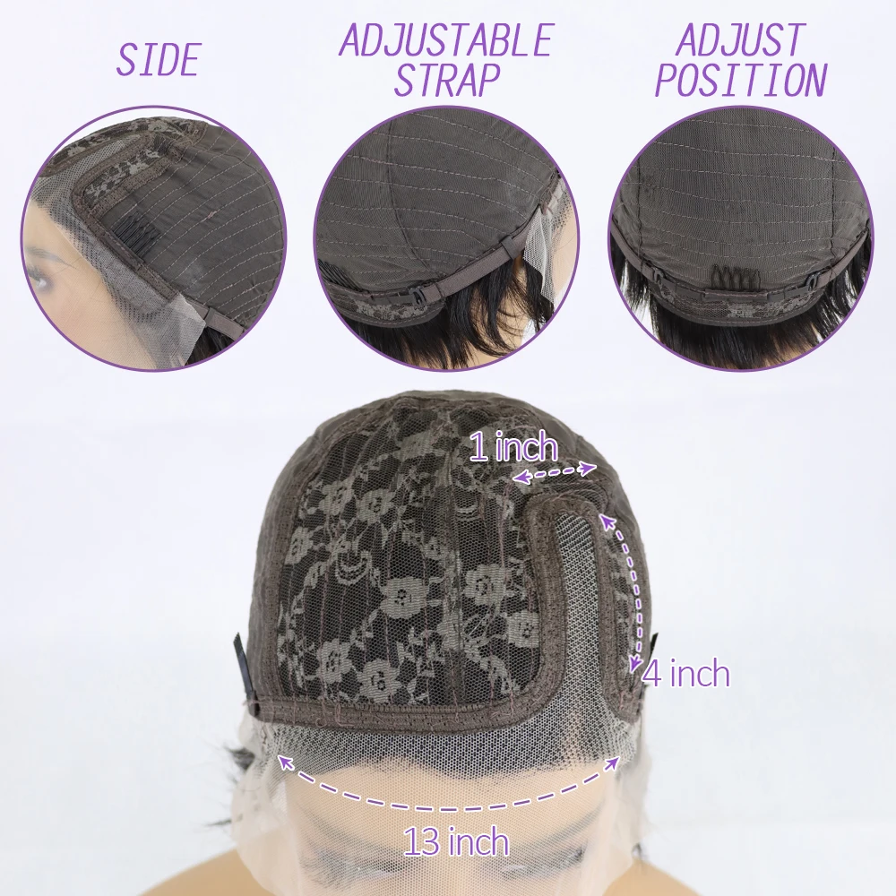 Peruca Bob Curta Reta para Mulheres, Cabelo Humano Remy, T Part Lace, 13x4x1