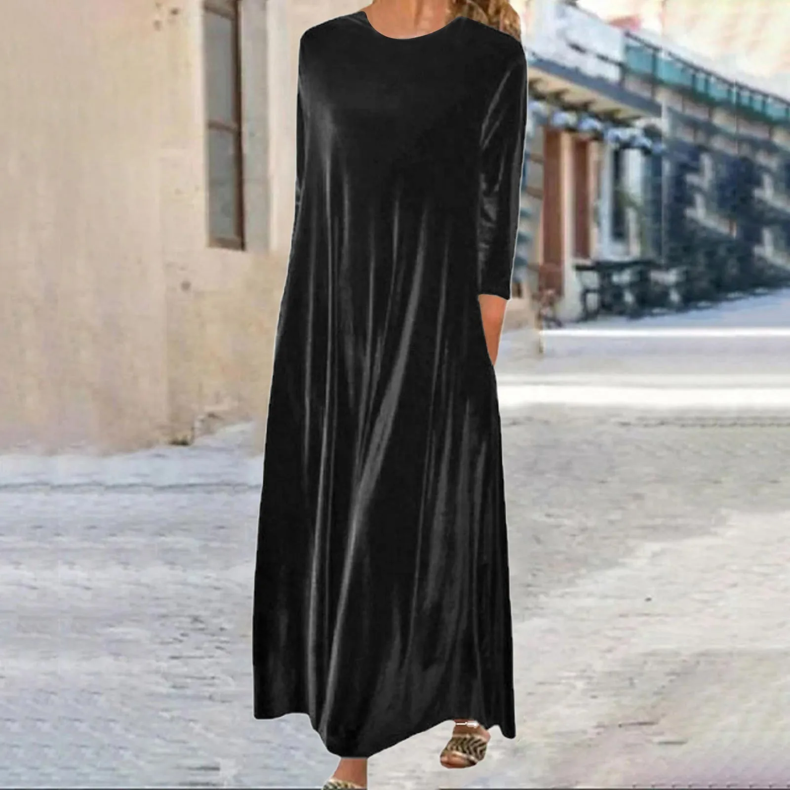Women\'S Velvet Dress Shift Long Maxi Dress Green Black Purple Long Sleeve Pure Color Pocket Winter Fall Spring Crew Neck Mature