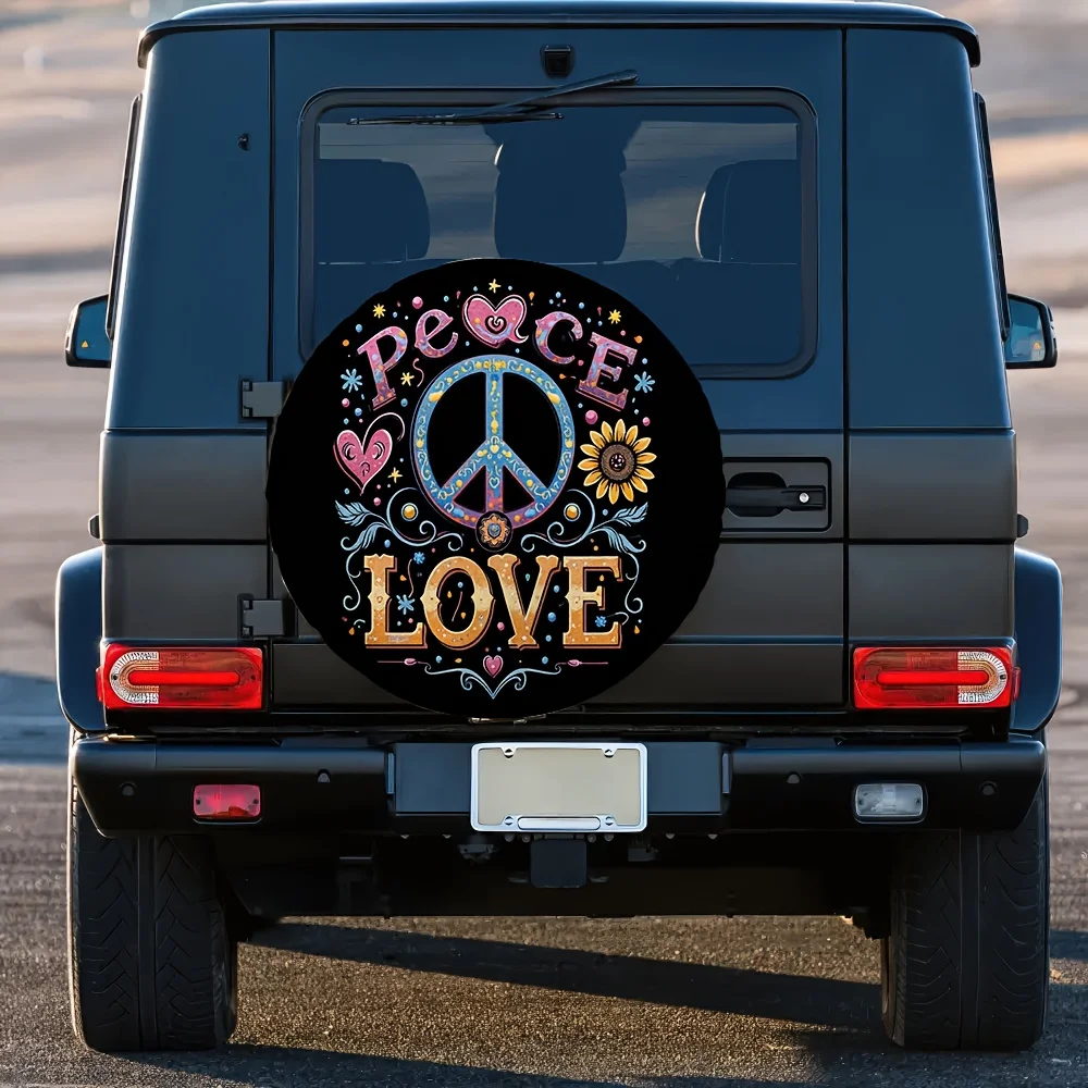 Peace Love Hippie Sunflower Spare Tire Cover Polyester Waterproof Sun Protection Accessory