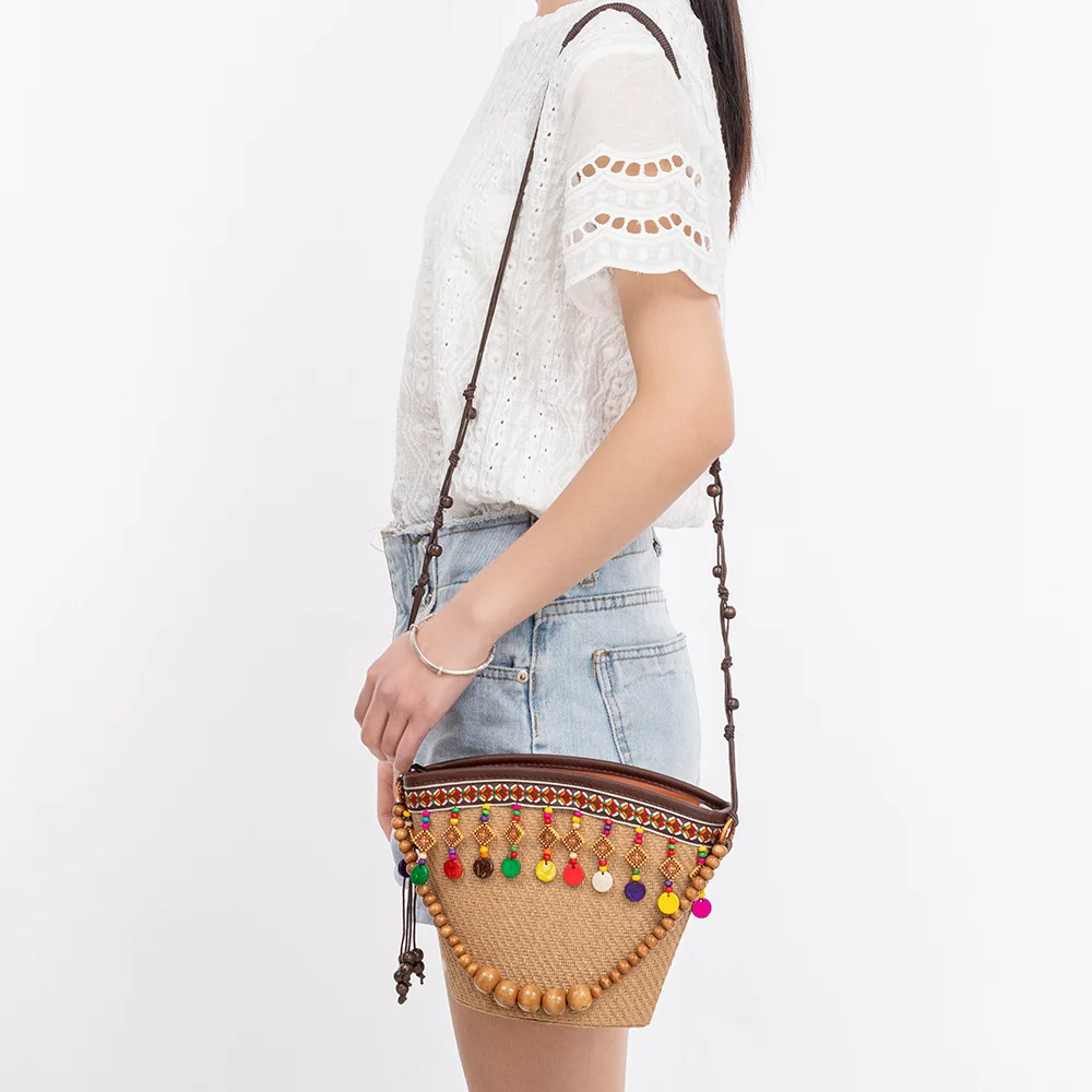 

Соломенная сумка в богемном стиле с бахромой, тканый кошелек в форме веера, этническая сумка через плечо для отпуска ознаاب Teknikيةلاز품