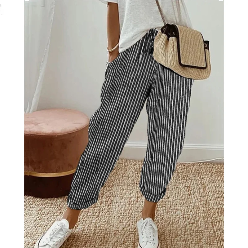 Klassische amerikanische gestreifte Frauen Retro-Hosen Strand Straße koreanische elastische Taille Hose Büro Mode Basis weibliche Herbst hose