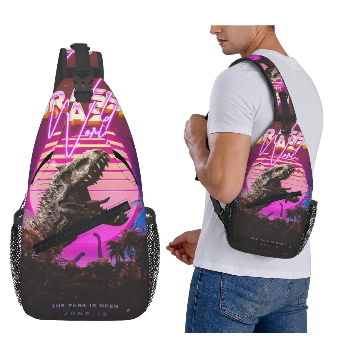 

New Jurassic World Dinosaur Chest Bag Men Sling Crossbody Backpack Chest Bag Travel Hiking Daypack Shoulder Bag
