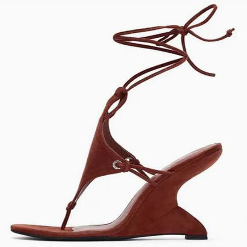 Sandalias sexis de tacón de ante marrón y negro con cordones, sandalias de verano de tacón alto con Clip dedos a la moda para mujer