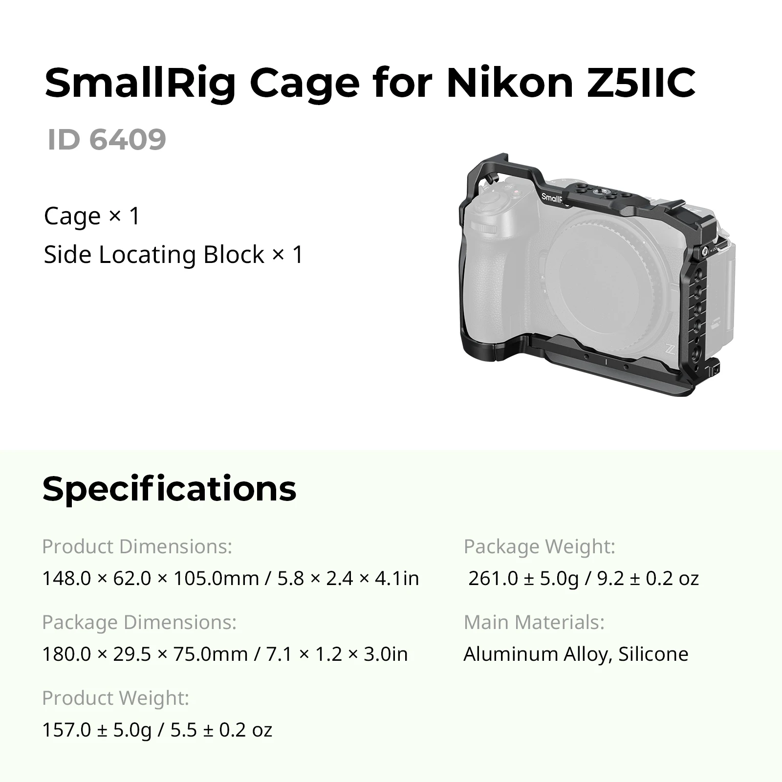 SmallRig Z5IIC-behuizing voor de Nikon Z5IIC, met Arca-Swiss-plaat, geschikt voor gebruik met DJI-gimbal-systemen en statieven van het Arca-type, met 1/4"-20 schroefgaten.