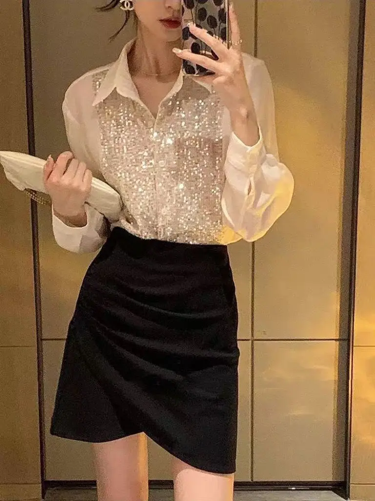 Shirts High Quality French Elegant Women Sequins Fashion Simple All-Match Leisure Tender Loose Design Cozy Turn-Down Collar Tops
