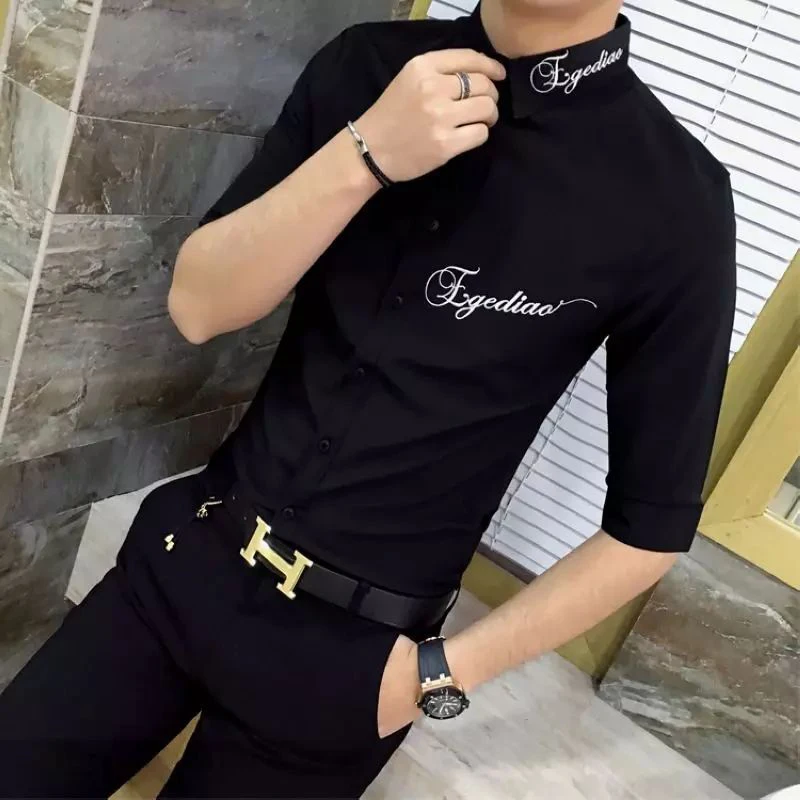 Camisa casual masculina com gola polo, manga 3/4, blusa de botões na moda coreana, cardigã com todos os fósforos, tops para homens, nova para verão