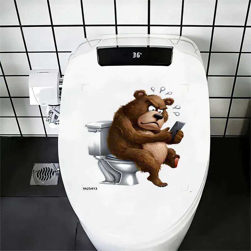 1Pc Fun Animal Toilet Wall Sticker, Featuring a Cute Grumpy Brown Bear Sitting on the Toilet and Playing with a Phone, Suitable for Toilet Lids, Bathroom Glass, Bedroom, Refrigerator, Washbasin, Cabinets, Doors and Windows, and Wall Decals. Fun Stickers That Are Aesthetically Pleasing and Practical, Easily Create a Warm and Fun Space, and Are a Creative and Thoughtful Gift for Family, Friends, and Loved Ones