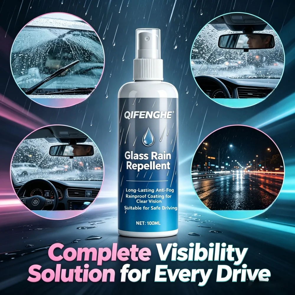 QIFENGHE 100ml Glass Rain Repellent Spray, Anti-Fog Rainproof Coating for Car Windshield Clear Vision