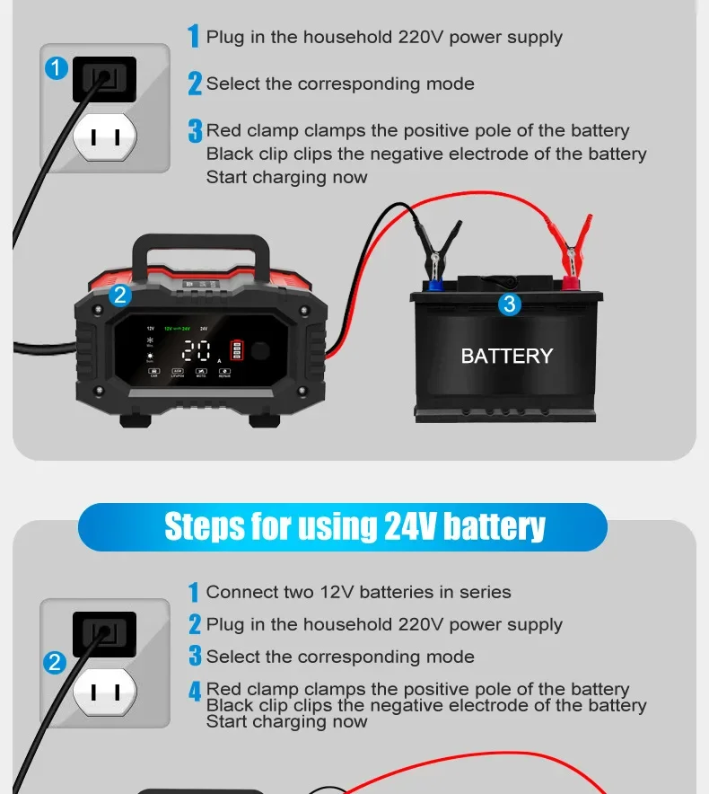 Tragbares 10A/20A-Ladegerät für Start-Stop-Batterien, Autoreparatur und Schnellladung für 12 V/24 V AGM LiFePO4-Auto, LKW, Motorrad – Detail 22