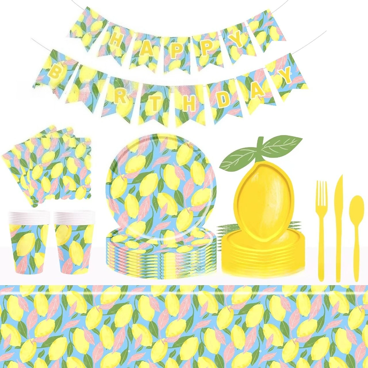 16 Stück grünes Blatt mit Zitronenmotiv, Geburtstagsparty-Dekoration, Zitrone, Einweg-Pappteller in umweltfreundlicher Form, Tasse, Taschentuch