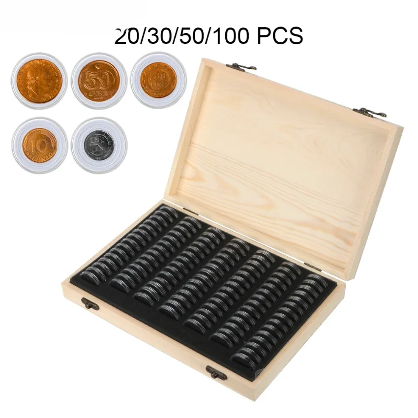 

Coin Storage Box With Adjustment Pad 20/30/50/100PCS Adjustable Wooden Commemorative Coin Collection Case Holder Capsules