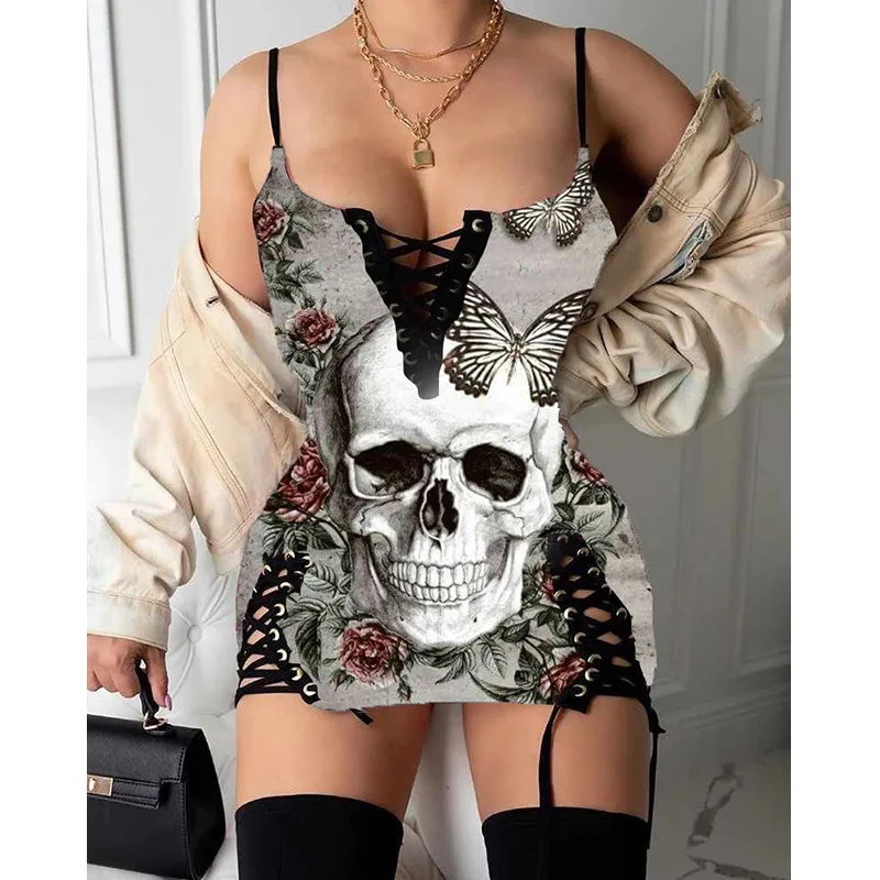 

Облегающее мини-платье с принтом скелета на тонких бретельках без рукавов, сексуальное вечернее клубное вечернее повседневное облегающее платье в готическом стиле