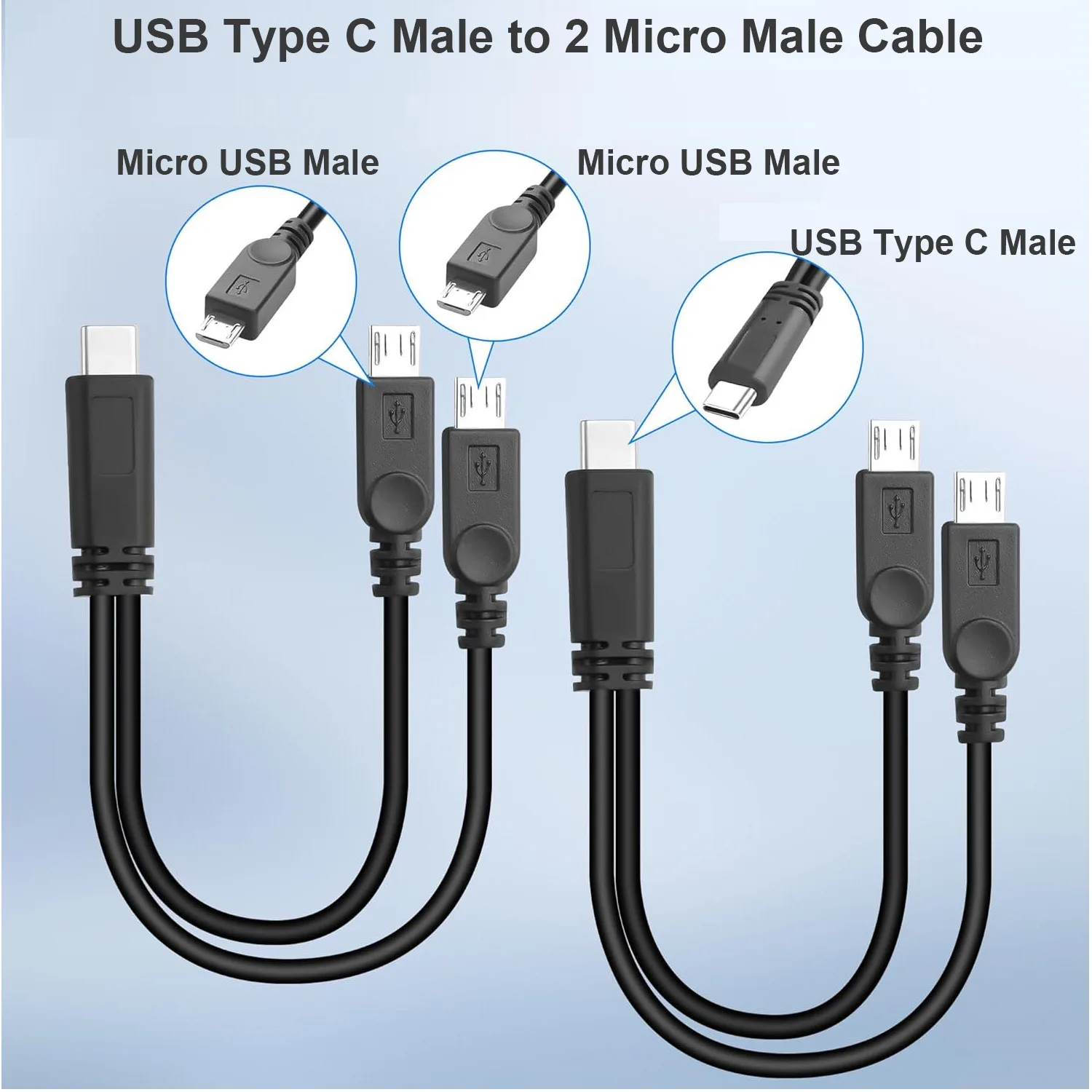USB C 스플리터 충전 케이블 USB 타입 C 남성에서 듀얼 2 마이크로 USB 남성 2 in 1 스플리터 Y 충전 커넥터 케이블 충전 전용