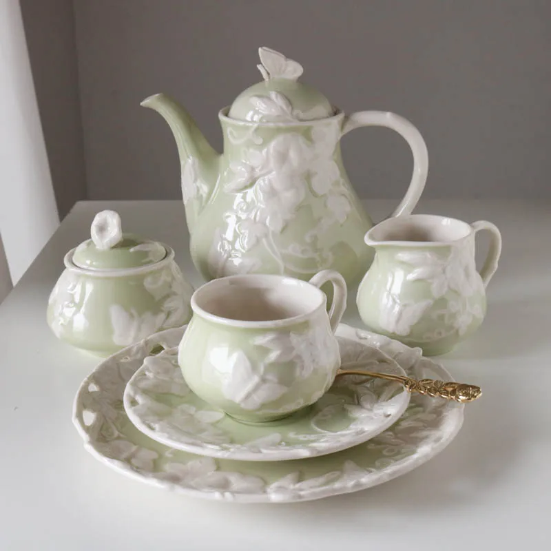 Ligh Green Relief Morning Glory Fresh Tea Set/Dessert Plate/Coffee Cup&Saucer/Milk Jar