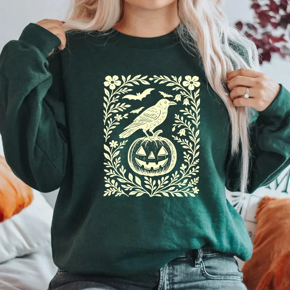 

Halloween Crow Pumpkin Sweatshirt Jack O Lantern Floral Halloween Hoodies Women Crewneck Sweatshirt Long Sleeve Casual Pullover