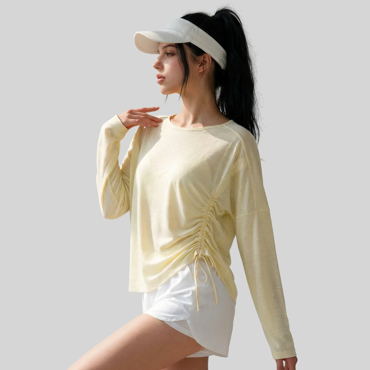 Women Side Drawstring Long Sleeve Yoga Top, Nude Feel High Elastic Loose Fitness T-shirt, Slim Workout Cover Up Shirt