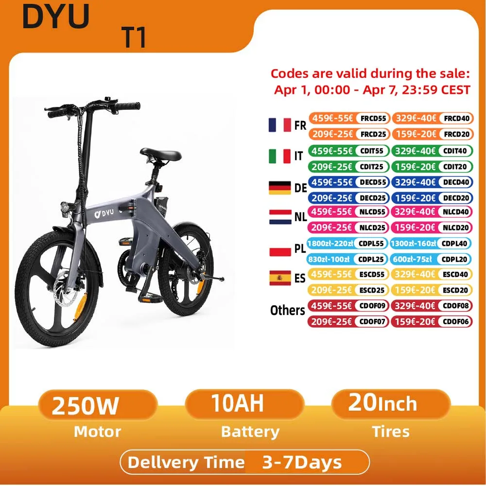 Vélo électrique DYU-T1 avec moteur 250W, batterie 36V 10Ah, vélo de ville pour trajets quotidiens, pneus de 20 pouces, vélo électrique pour adultes