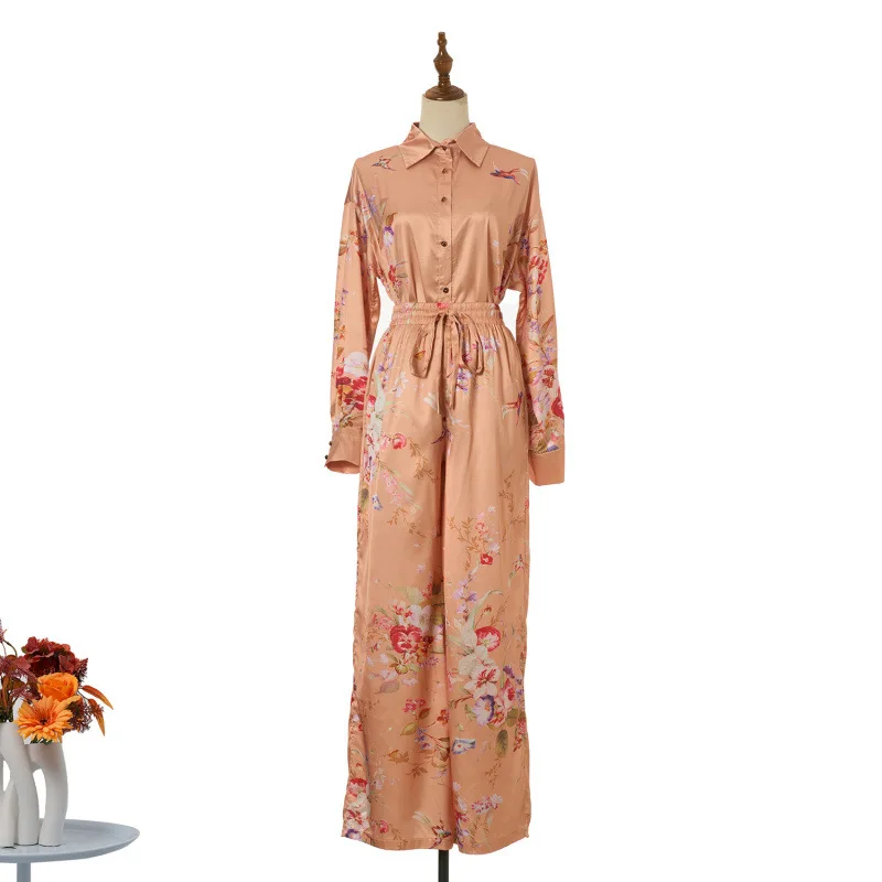 ENC 새틴 랩 웨이스트 루즈 드 홀리데이 시리즈 의상 하이 웨이스트 벨티드 롱 팬츠 스트리트 슬레 플로잉 숄더 오프 드