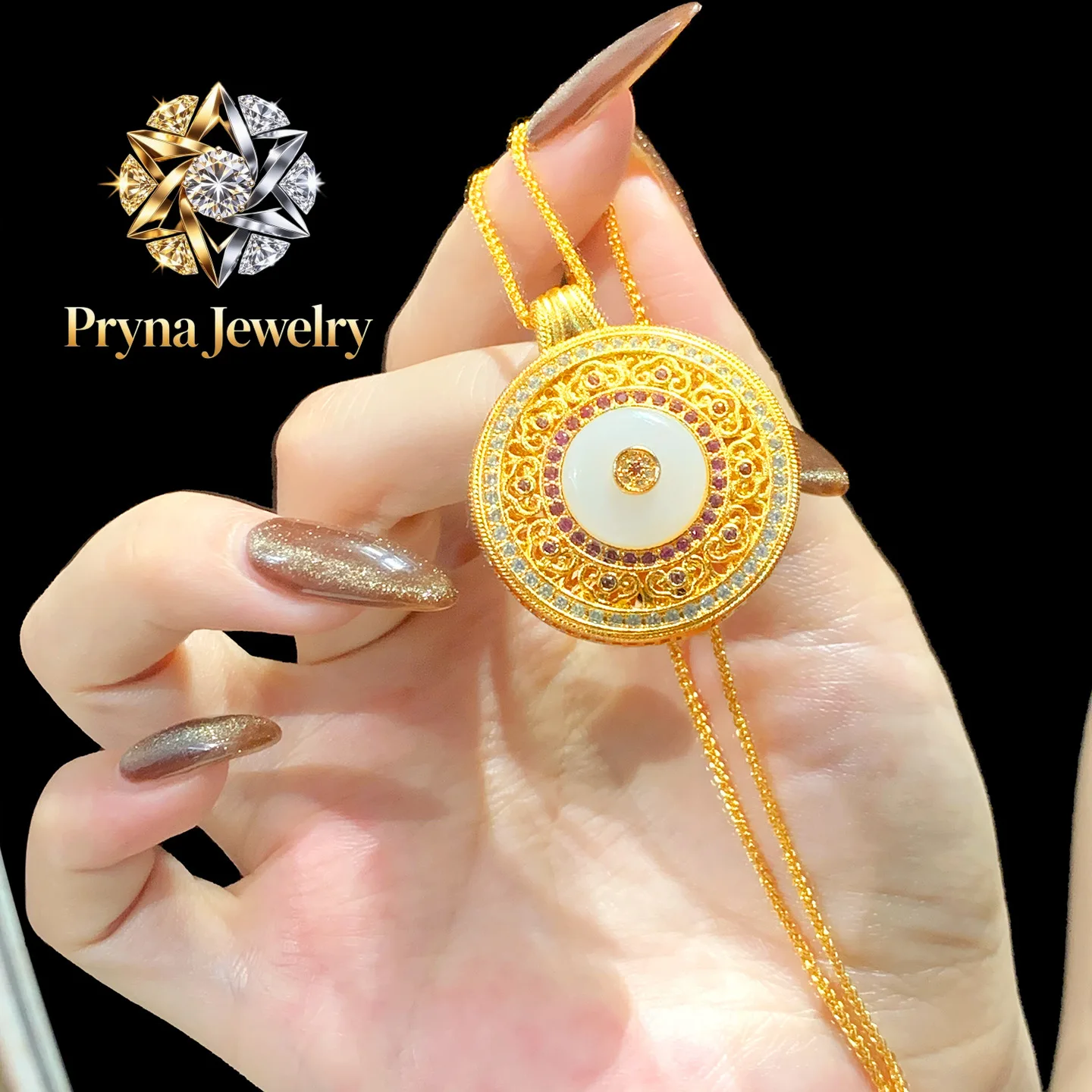 Pryna Jewelry   Gold store's new luxury real gold jewelry 24k certifid hollow diamond safety buckle necklace women's retro high-