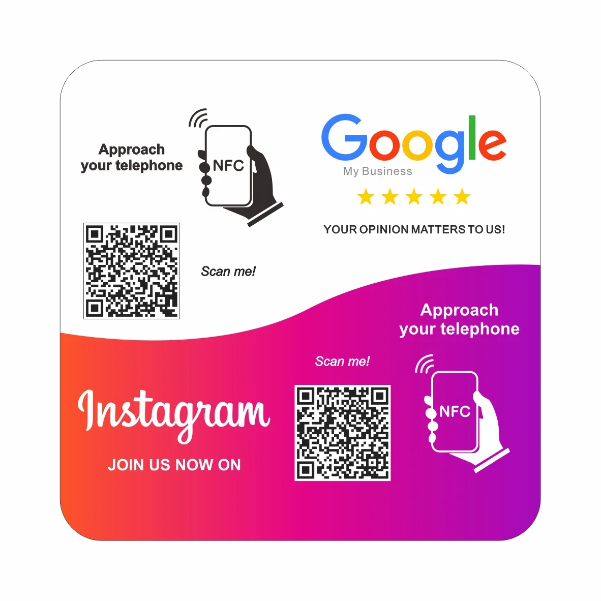 2 in 1 Social Media Connected Plate Tap or Scan Contactless NFC QR Code Sign Acrylic Google Review QR Sticke NFC QR Code Display