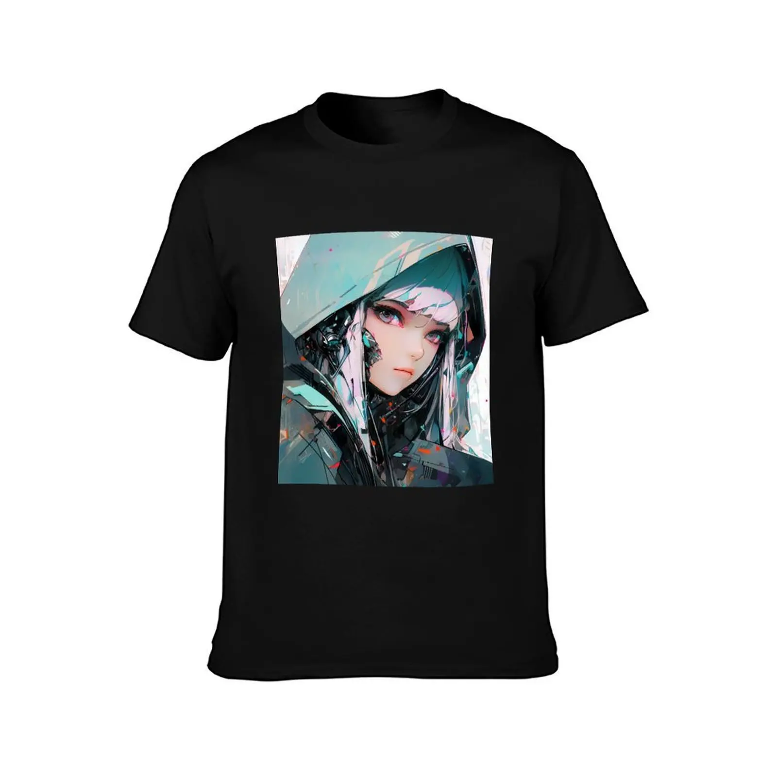 Futuristic Neon Cyber Anime Girl T-Shirt, Summer Casual Cotton Tee, Oversized Streetwear Tops, Vintage Graphic Print