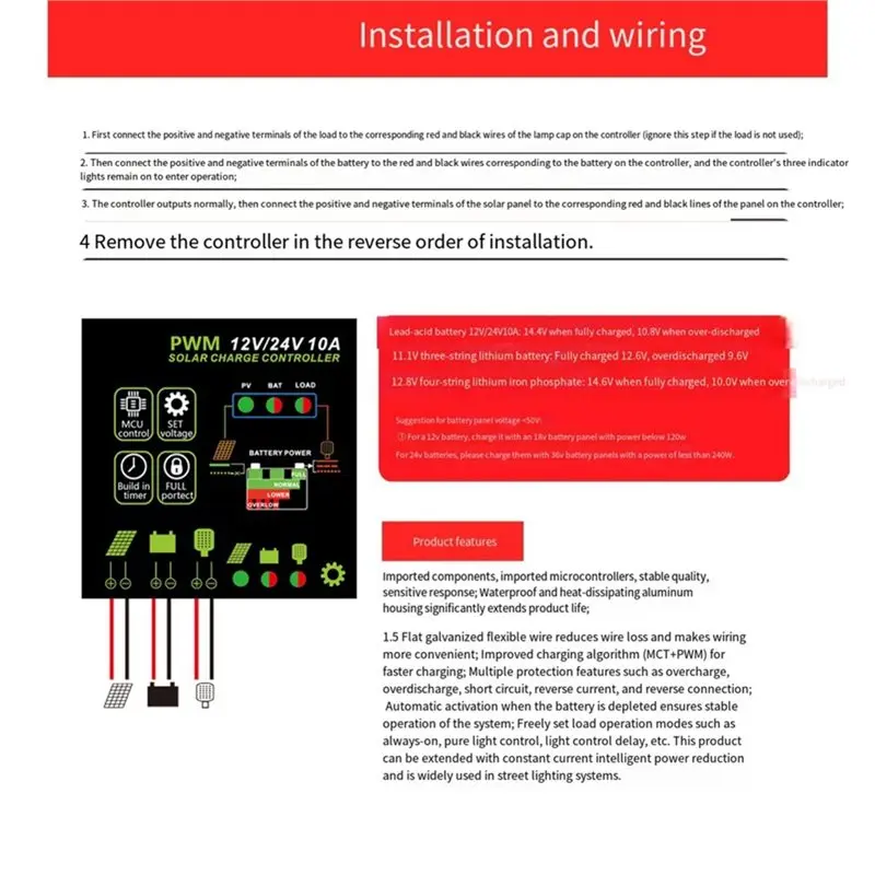 ABAE-PWM 12V/24V Solar Charge Controller 10A Waterproof Solar Panel Battery Regulator Intelligent Control System