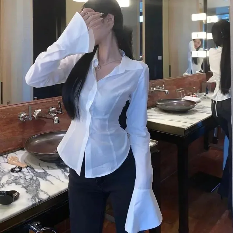 

Women Black White Bloue Shirt Korean Fashion Slim Tunic Back Lace-up Flare Sleeve Blouses Turn-down Collar Shirts Spring Top