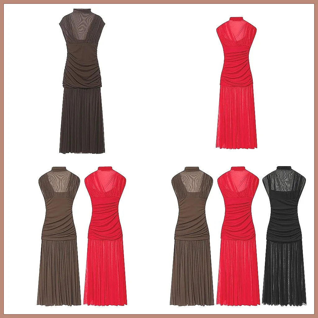 

Mesh Panel Pleated Dress for Women, Sexy Sleeveless High Neck Solid Bodycon Party Club Wear