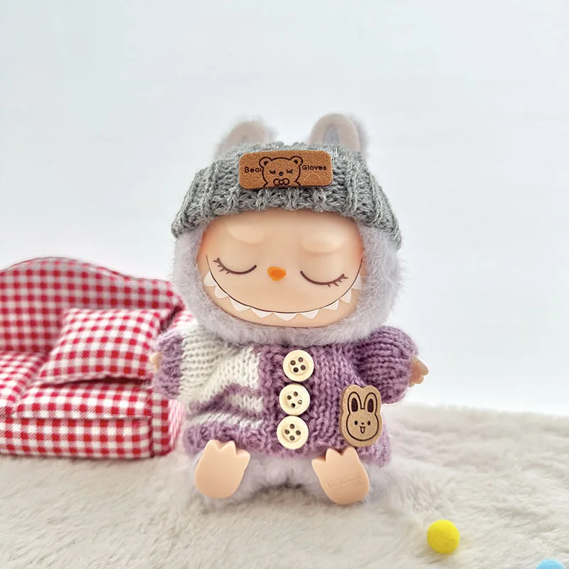 Labubu Doll Clothes New Striped button sweater bear mark scarf and hat Stylish Outfits for Labubu Player